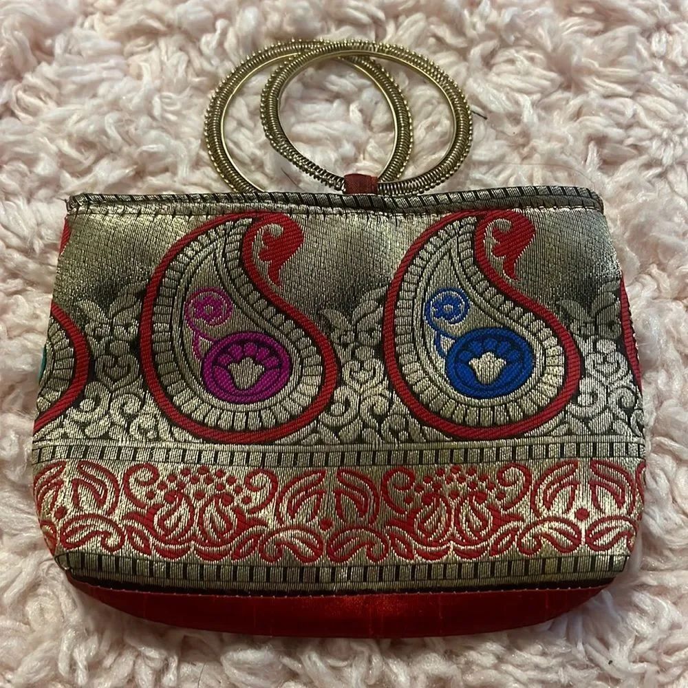 Red/gold small clutch with hoop handles